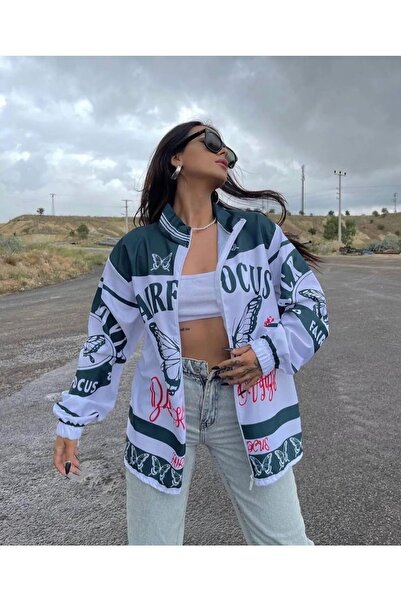 Lushen Unisex Paraşüt Kumaş Oversize Dijital Baskılı Siyah Rüzgarlık Yağmurluk İnce Ceket