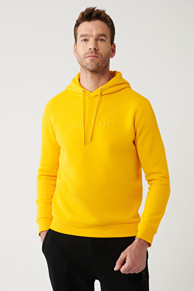 Avva Men's Yellow Hooded 3 Thread Raised Printed Sweatshirt A32Y1240