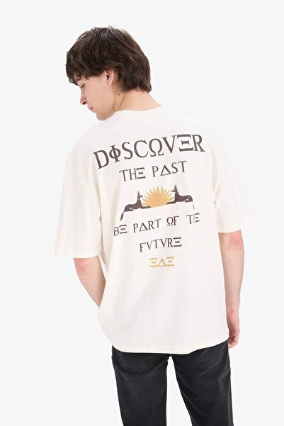 DeFacto 100% Cotton Oversize Wide Fit Crew Neck Back Printed Short Sleeve T-S...