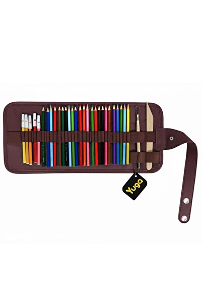 Yuga Faux Leather 36 Compartment Roll-Up Pen Holder Claret Red