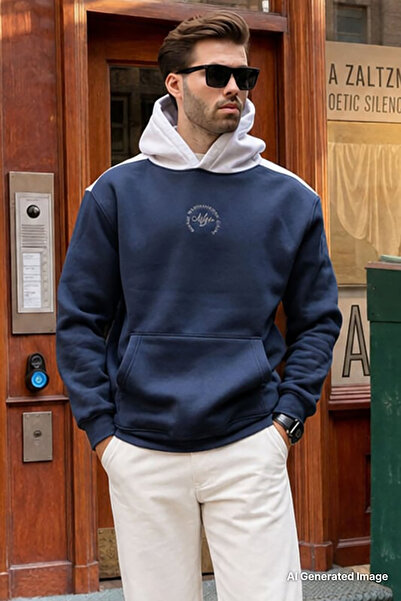 Madmext Navy Blue Hooded Color Blocked Embroidery Detailed Men's Sweatshirt 7088
