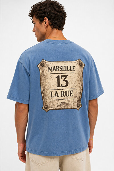 Respire Men's Marseille Printed Washed Oversize T-Shirt Baby Blue