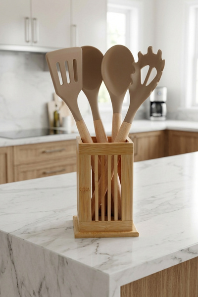 Evmarketi 5-Piece Silicone Heat-Resistant Spoon Set with Spoon Holder, Pasta ...