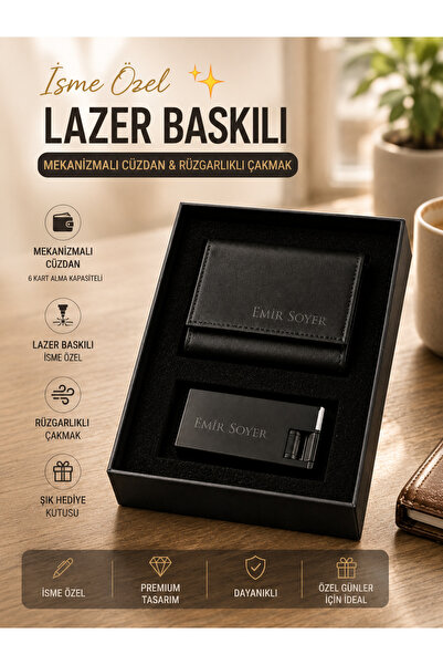 İsme Özel Suni Deri Mekanizmalı Erkek Cüzdan ve Rüzgara Dayanıklı Çakmak Hediye Seti - Kişiye Özel Kutulu