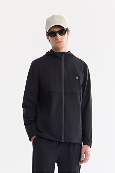Avva Men's Black Hooded Collar Zippered Technical Fabric Regular Fit Sweatshi...