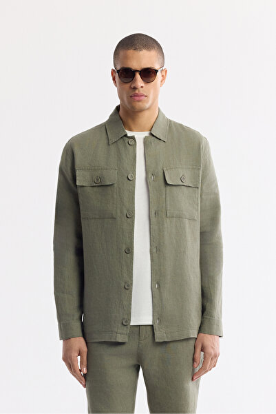 Avva Men's Khaki Classic Collar 100% Linen Comfort Fit Shirt Jacket A51Y2087