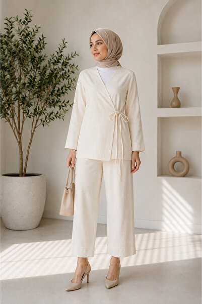 deqfashion Set de pantaloni și kimono din bumbac bej pentru femei, cu talie l...