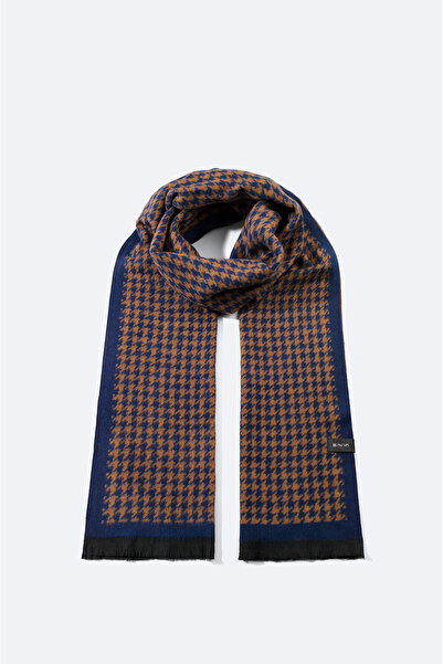 Avva Men's Navy Blue Tasseled Houndstooth Patterned Shawl A32Y9407