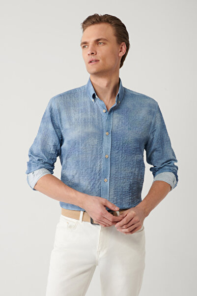 Avva Men's Blue Bottomed Britli Collar Cotton Easy-Iron Regular Fit Shirt A41...