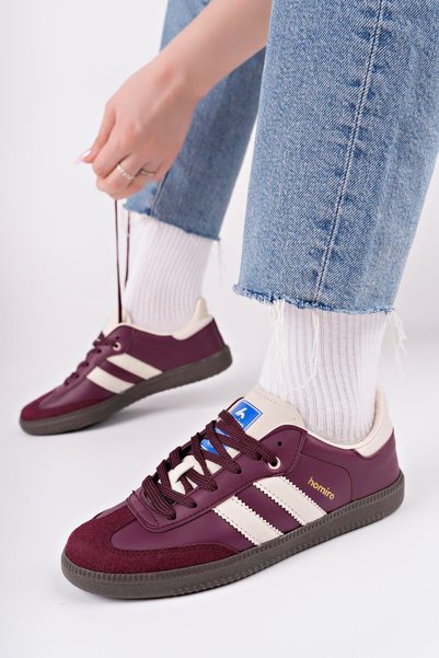 ARONA Lace-Up Unisex Sport Sneakers-Burgundy-Beige