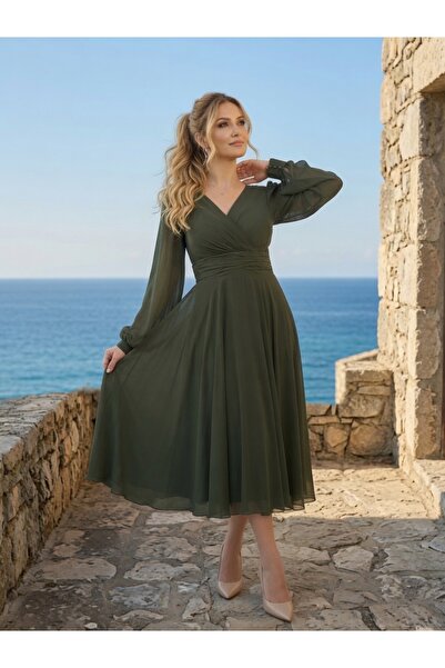 FaBe Fashion Uzun Kollu Kruvaze Yaka Midi Şifon Elbise