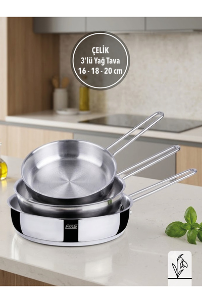 FMS Steel 3-Piece Oil Pan Set |   16 Cm-18 Cm-20 cm |   18/10 Stainless |   I...