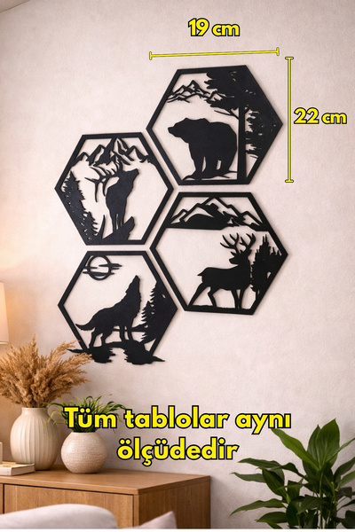 Printech3d Altıgen Vahşi Doğa Temalı Dekoratif Duvar Süsü | 4'lü Set (Ayı, Ku...