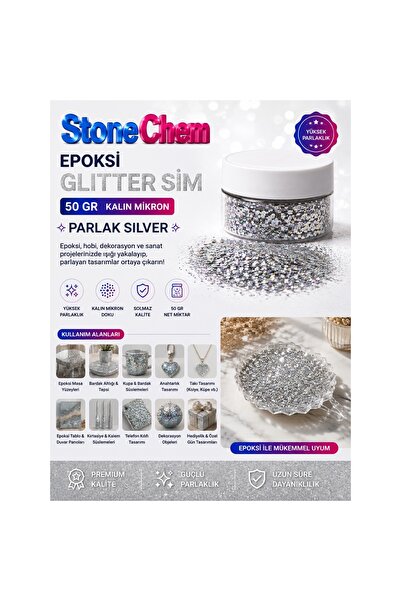 stonechem Epoksi Glitter Sim 50 gr Kalın Mikron Parlak Silver Toz Pigment