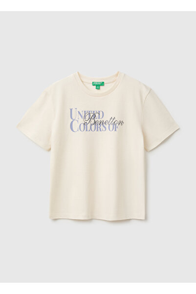 United Colors of Benetton Girl's Ecru 100% Organic Cotton Short Sleeve T-Shir...