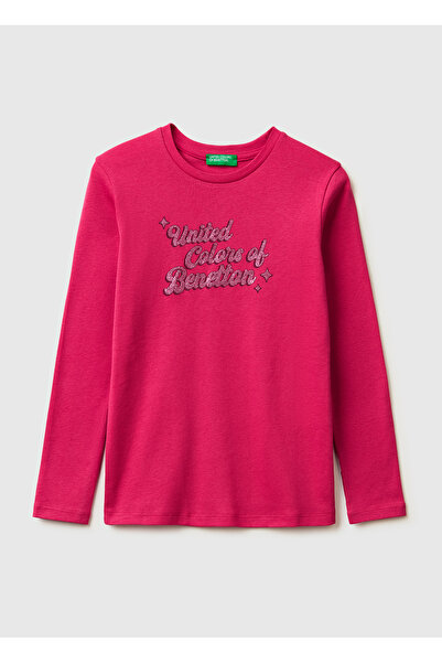 United Colors of Benetton تي شيرت بناتي ذو أكمام طويلة وياقة دائرية وتفاصيل ش...
