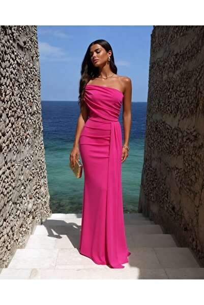 Modafeminen Stretch Fabric One-Shoulder Side Train Detailed Fish Cut Evening ...