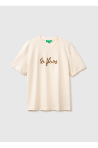 United Colors of Benetton Women's cream 100% cotton embroidered short sleeve ...