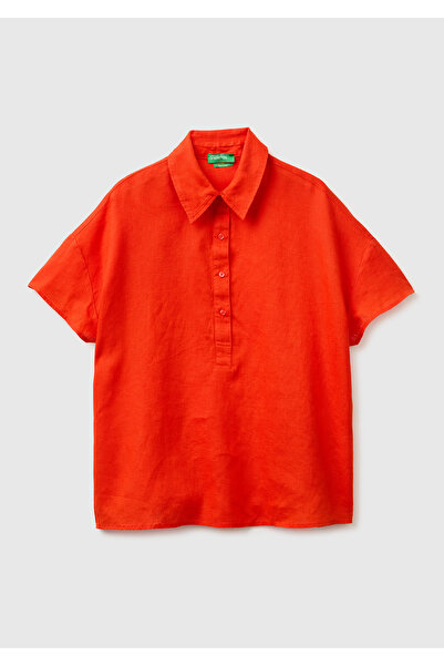 United Colors of Benetton بلوزة نسائية حمراء 100% كتان بدون أكتاف وياقة بولو ...