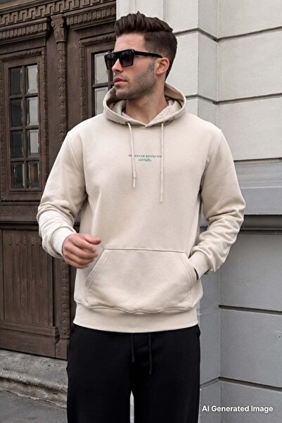 Madmext Beige Hooded Printed Men's Sweatshirt 6017