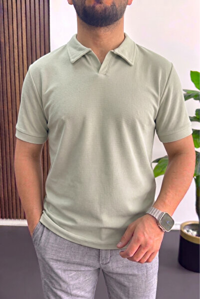 Edwox Men's Breathable Fabric Polo Collar T-Shirt Light Green Edw505