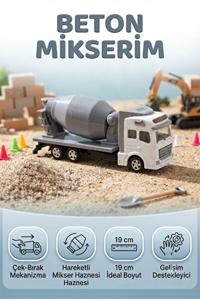 Tıfıl Toys Çek Bırak Beton Mikseri Hareketli Hazneli İnşaat Oyuncak Kamyonu