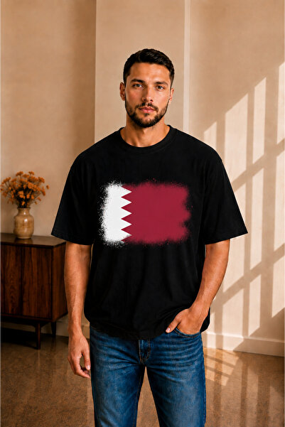 sngl tekstil تي شيرت رجالي كبير الحجم بأكمام قصيرة يحمل علم قطر مطبوع S M L X...