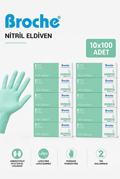 Broche Powder-free nitrile gloves, size l, turquoise green/teal green, 10-pie...