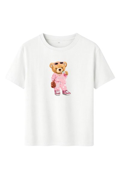 DK DAKSEL White Color Basic Teddy Bear Pink Love Printed Women's T-Shirt