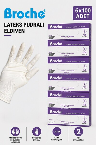 Broche LATEKS PUDRALI MUAYENE ELDİVENİ L BEDEN 6'LI PAKET