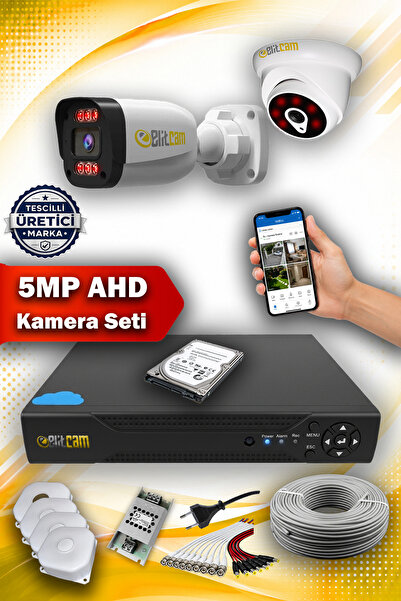 Elitcam 2 Kameralı Süper 1 İç Kamera Set 100 GB 5 MP 2K Net Gece Görüşlü Güve...
