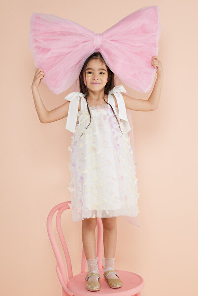 Le Mabelle Multicolored Girl's Dress with Shoulder Tie and Butterfly Applique...