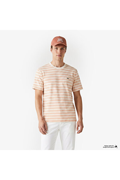 Lacoste Erkek Classic Fit Bisiklet Yaka Çizgili Turuncu T-Shirt