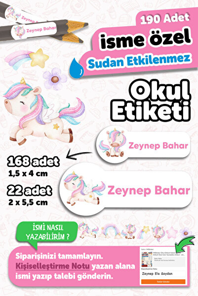 MSticker Okul Etiketi Kalem Defter isimli Etiket Isim Yazılabilen Unicorn - 1...