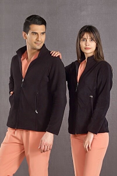 ÇİZGİ MEDİKAL Black Fleece Jacket Doctor Nurse Winter Zip-Up Jacket