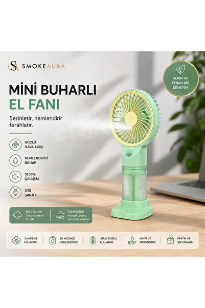 Mini SmokeAura Buharlı El Vantilatörü 400 ML USB Type-C Şarjlı 3 Kademeli Ses...