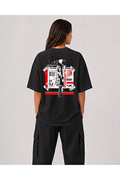 chaygoy Unisex Relaxed Fit Siyah Tişört Superior Street Ön ve Sırt Baskılı %100 Pamuk