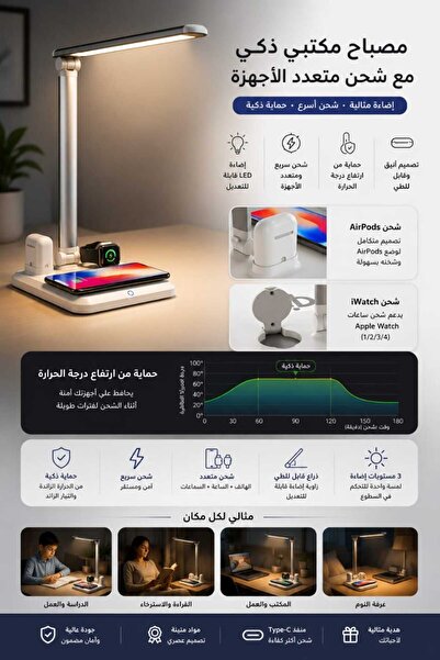 Unbraded مصباح مكتب LED مع شاحن لاسلكي Qi بقوة 10 واط، منفذ شحن USB-A، رأس وذ...