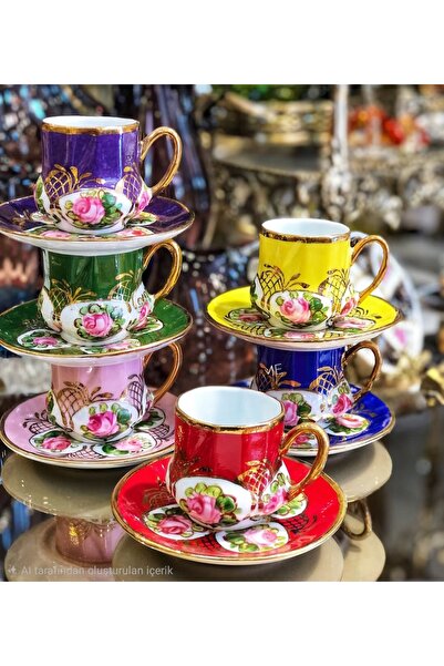 BY.RAYKA PORSELEN El Dekor Saray Lattice Porcelain Hand-Painted 6-Piece Cup Set
