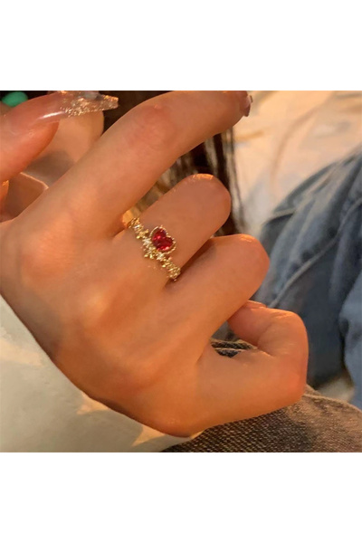 Choice1 Gold Color Simple Red Crystal Ring For Women Vintage Zircon Open Adju...