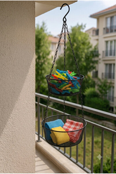 VENON Siyah 2 Katlı Balkon Sepeti Mandal Sepeti Düzenleyici METAL Dekoratif S...