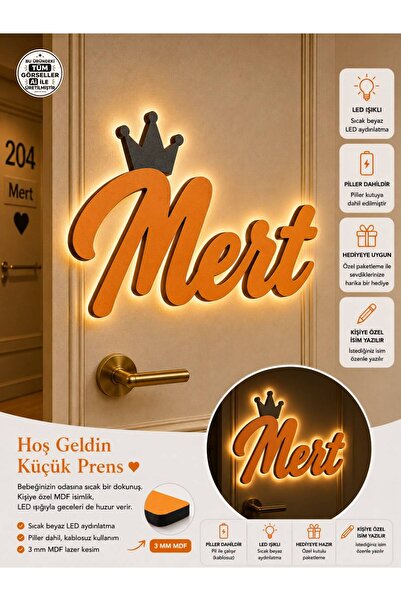 Windly Concept Kişiye Özel İsimli LED Işıklı Ahşap İsimlik Bebek Odası Duvar ...