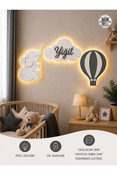 Windly Concept Kişiye Özel Bebek Odası İsimlik LED Işıklı Fil Balon Bulut Kap...
