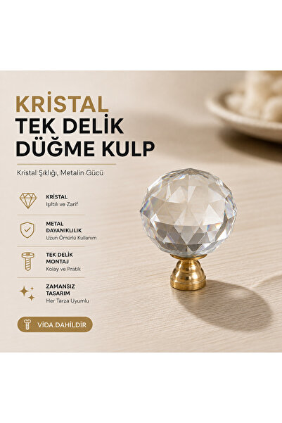 Ulaş Hırdavat Lüx Kristal Şeffaf Premium Tek Delikli Tek Vidalı Mobilya Kulpu...