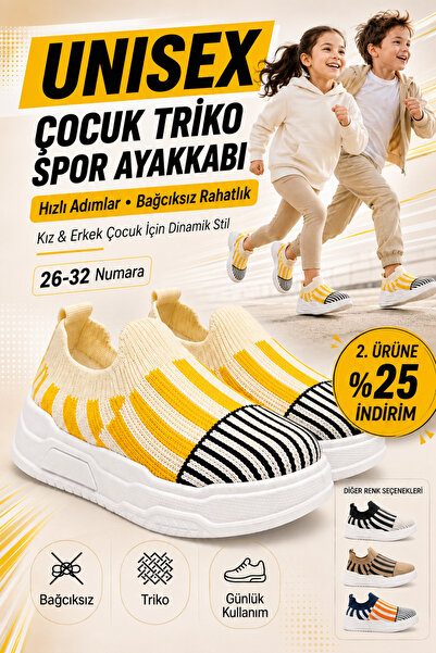 Ayakkabı Deryası Unisex Çocuk Bağcıksız Triko Çorap Spor Ayakkabı Günlük Snea...