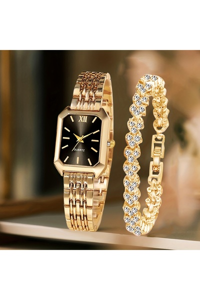 Choice1 Gold Black Kit 2PCS/Set Fashion Rectangle Women Quartz Watch Ladies R...