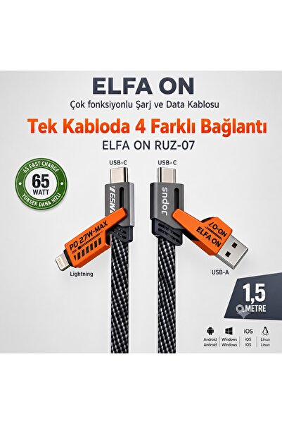 ELFA ON TEKNOLOJİ 240 watt 4 ü bir arada hızlı şarj kablosu USB-A typce light...