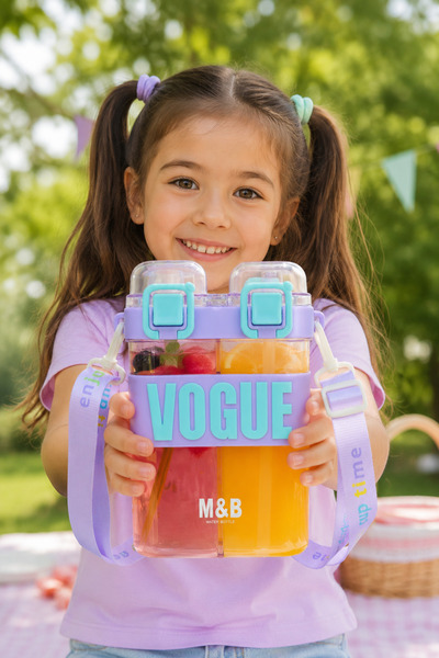 M&B WATER BOTTLE Çift Bölmeli Vogue Matara, Çift Kapaklı, Pipetli, Boyun Askılı Çocuk Okul Suluk