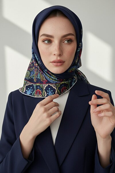 Vissona 100% Twill İpek Etnik Desenli Lacivert - Bordo Renkli 90x90 Dikim Şek...