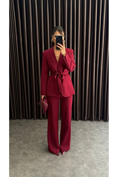 ZF BUTİK Kadın Kuşaklı Blazer Ceket Pantolon Takım Bordo